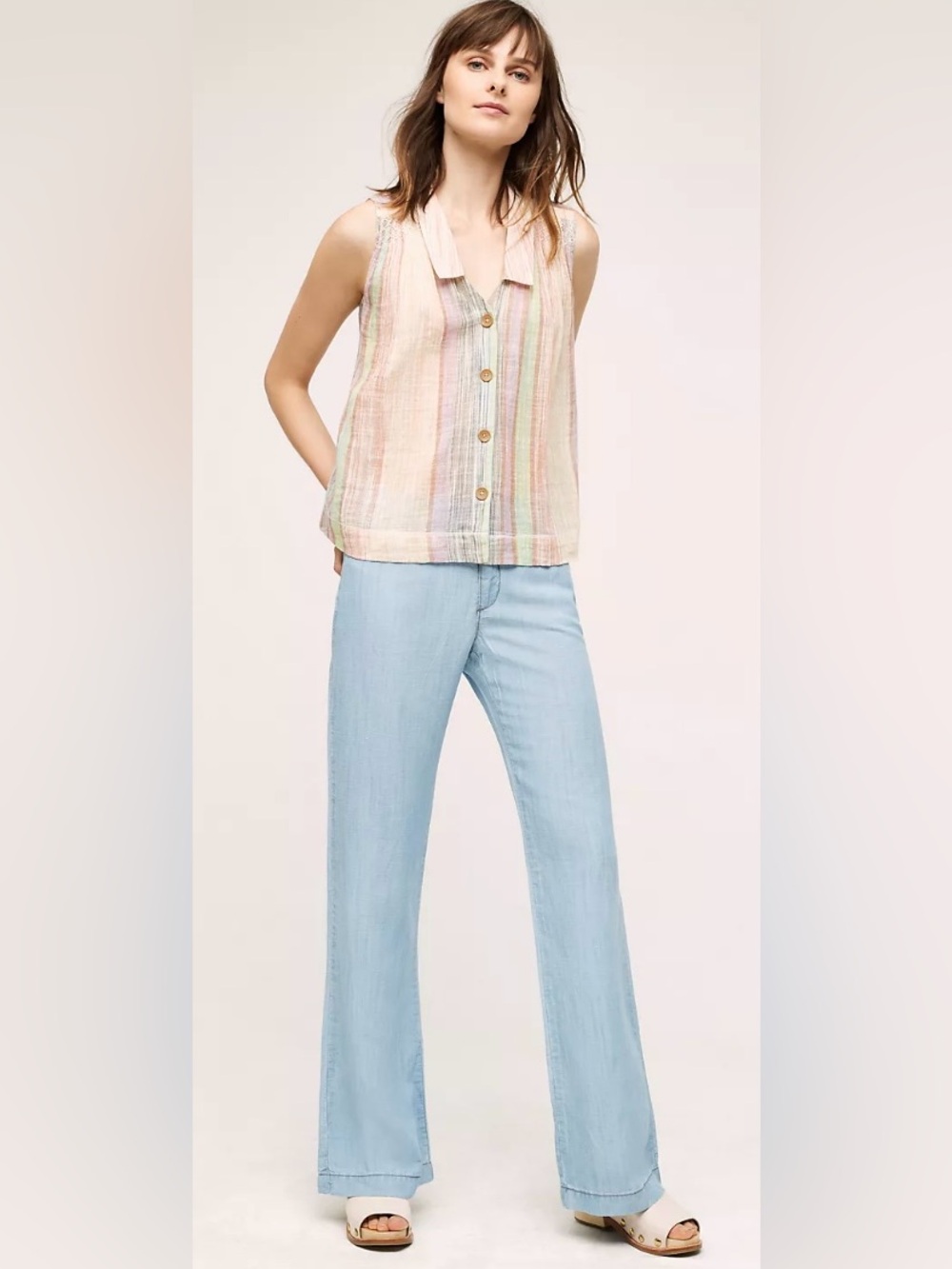 Anthropologie Pilcro Letterpress Chambray Pants Linen Tencel Wide Leg Size 26